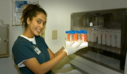 Technician holding a box with a set of test tubes Technician holding a box with a set of test tubes